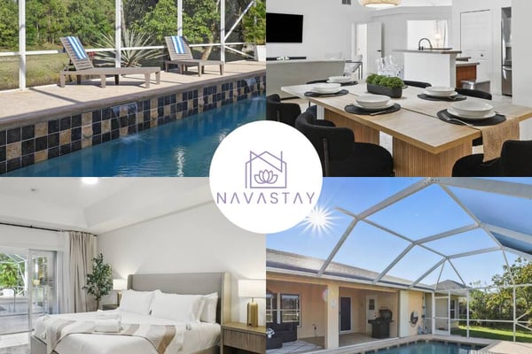 Vacation rental collage showing screened pool area, modern kitchen and dining, bedroom, and covered lanai with pool